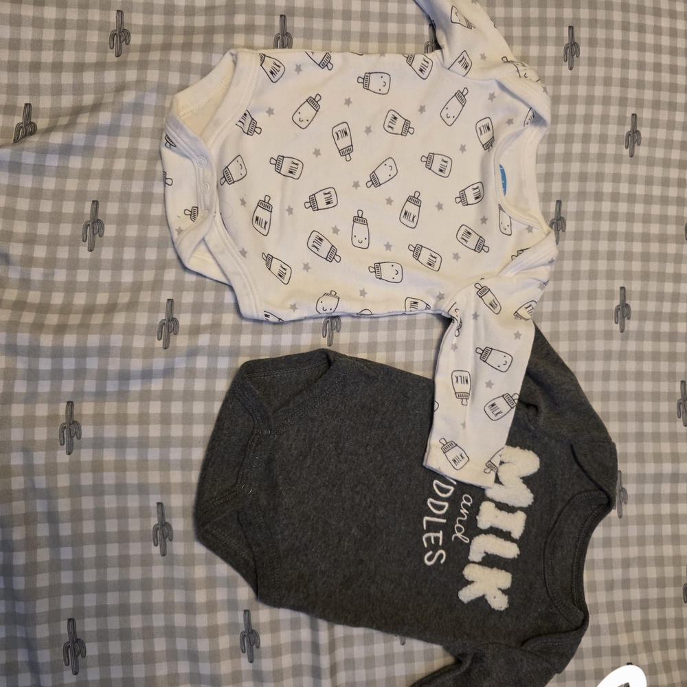Baby Bodysuit Set - White Bottle Print & Charcoal 'Milk and Cuddles'